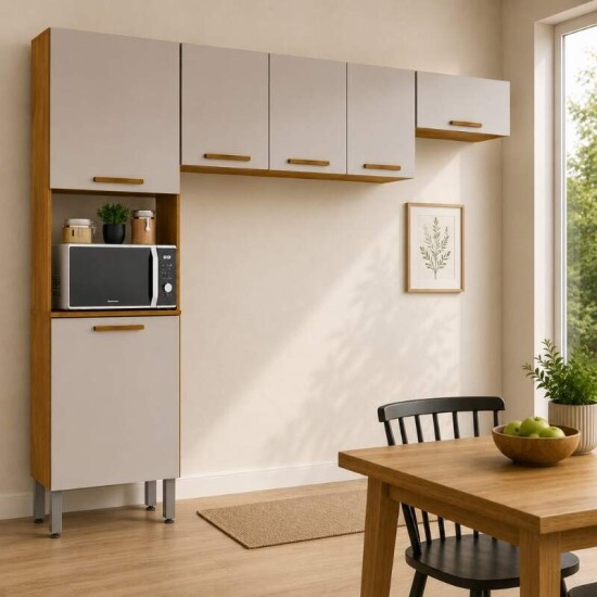 Torre Quente Cozinha New Val�ncia + A�reo Triplo 3 Portas 1.20m + A�reo Geladeira New Val�ncia Cinamomo/Off - Sall�to