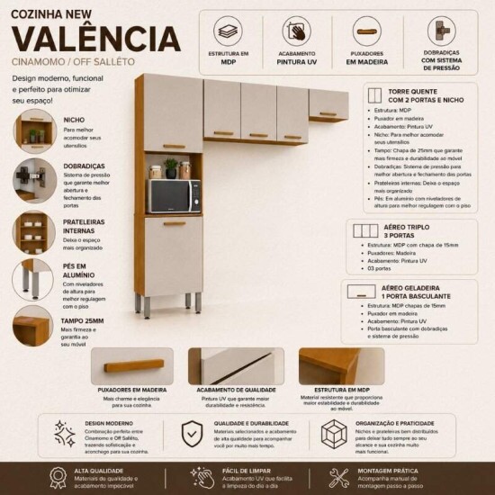 Torre Quente Cozinha New Val�ncia + A�reo Triplo 3 Portas 1.20m + A�reo Geladeira New Val�ncia Cinamomo/Off - Sall�to