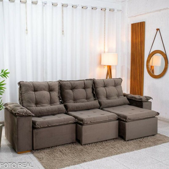 Sof� Retr�til Reclin�vel Gr�cia 2.70m Veludo Marrom - Sem Caixa