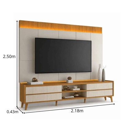 Sof� 3 lug. 8100 2.00m Linho Bege 24 + Rack Magn�fico 212 Larg. 2.18m + Painel Magn�fico 220 Nature/Off C/LED e Ripado TV at� 85