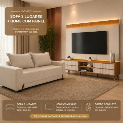 Sof� 3 lug. 8100 2.00m Linho Bege 24 + Rack Magn�fico 212 Larg. 2.18m + Painel Magn�fico 220 Nature/Off C/LED e Ripado TV at� 85