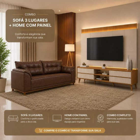 Sof� 3 lug. Gramado 2.10m Korino Nobuck Marrom 3051 + Rack Magn�fico 212 Larg. 2.18m + Painel Magn�fico 220 Nature/Off C/LED e Ripado TV at� 85\\\" - Gelius