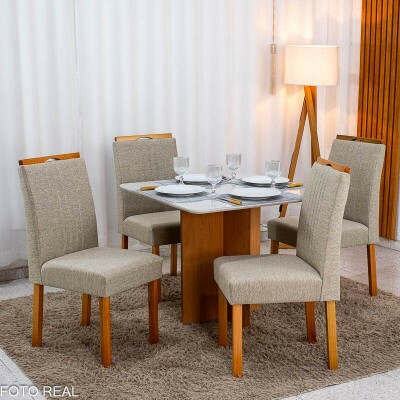 Mesa de Jantar Moscou 90x90 Vidro Off/Base Cinamomo + 4 Cad. Atlanta Linho Bege Cru Madeira Minas Plac - Entregue Montada