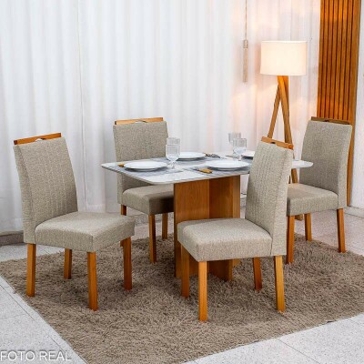 Mesa de Jantar Moscou 120x80 Cinamomo/Vidro Off + 4 Cad. Atlanta Linho Bege Cru Madeira Maci�a Minas Plac - Entregue Montada