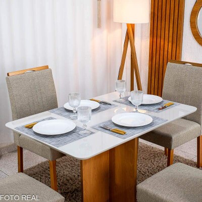 Mesa de Jantar Moscou 120x80 Cinamomo/Vidro Off + 4 Cad. Atlanta Linho Bege Cru Madeira Maci�a Minas Plac - Entregue Montada