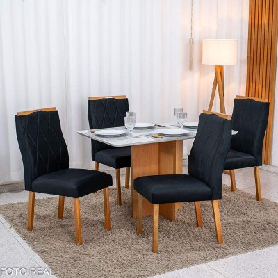 Mesa de Jantar Moscou 120x80 Vidro Off/Base Cinamomo - Minas Plac + 4 Cad. Lisboa Veludo Preto 504 Madeira Art Assento - Entregue Montada