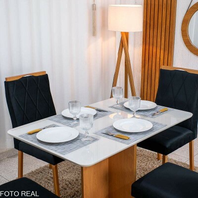 Mesa de Jantar Moscou 120x80 Vidro Off/Base Cinamomo - Minas Plac + 4 Cad. Lisboa Veludo Preto 504 Madeira Art Assento - Entregue Montada