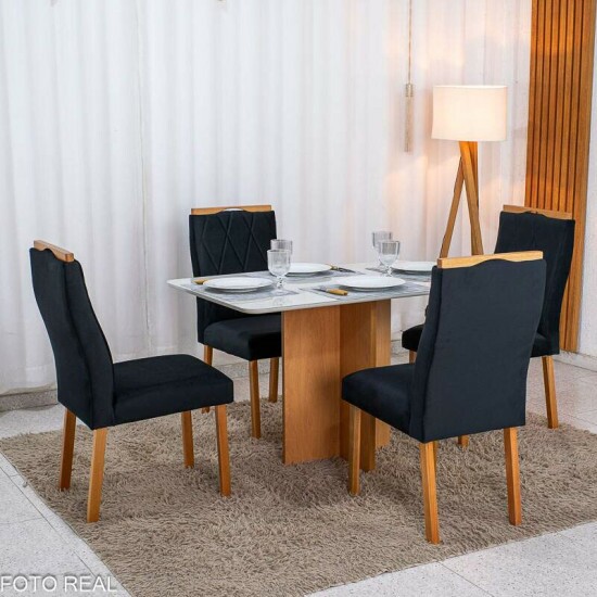 Mesa de Jantar Moscou 120x80 Vidro Off/Base Cinamomo - Minas Plac + 4 Cad. Lisboa Veludo Preto 504 Madeira Art Assento - Entregue Montada