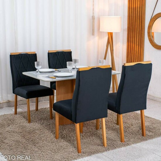 Mesa de Jantar Moscou 120x80 Vidro Off/Base Cinamomo - Minas Plac + 4 Cad. Lisboa Veludo Preto 504 Madeira Art Assento - Entregue Montada