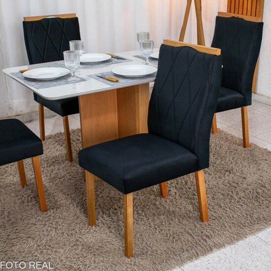 Mesa de Jantar Moscou 120x80 Vidro Off/Base Cinamomo - Minas Plac + 4 Cad. Lisboa Veludo Preto 504 Madeira Art Assento - Entregue Montada