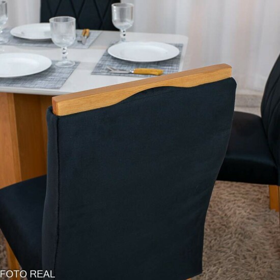 Mesa de Jantar Moscou 120x80 Vidro Off/Base Cinamomo - Minas Plac + 4 Cad. Lisboa Veludo Preto 504 Madeira Art Assento - Entregue Montada
