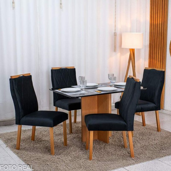Mesa de Jantar Moscou 120x80 Vidro Preto/Base Cinamomo - Minas Plac + 4 Cad. Lisboa Veludo Preto 504 Madeira Art Assento - Entregue Montada