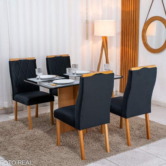 Mesa de Jantar Moscou 120x80 Vidro Preto/Base Cinamomo - Minas Plac + 4 Cad. Lisboa Veludo Preto 504 Madeira Art Assento - Entregue Montada
