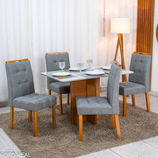 Mesa de Jantar Moscou 120x80 Vidro Off/Base Cinamomo + 4 Cad. Londres Linho Cinza Madeira Minas Plac - Entregue Montada