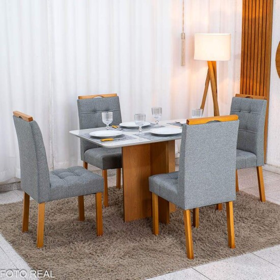 Mesa de Jantar Moscou 120x80 Vidro Off/Base Cinamomo + 4 Cad. Londres Linho Cinza Madeira Minas Plac - Entregue Montada