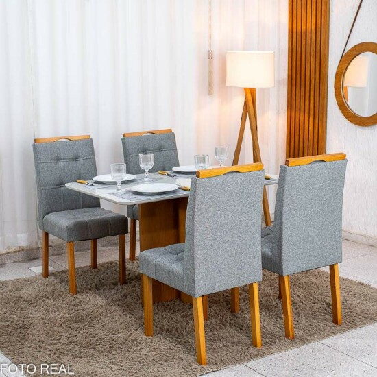 Mesa de Jantar Moscou 120x80 Vidro Off/Base Cinamomo + 4 Cad. Londres Linho Cinza Madeira Minas Plac - Entregue Montada
