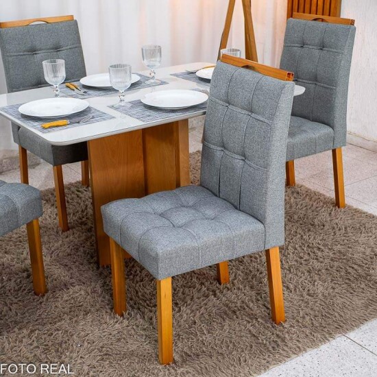 Mesa de Jantar Moscou 120x80 Vidro Off/Base Cinamomo + 4 Cad. Londres Linho Cinza Madeira Minas Plac - Entregue Montada
