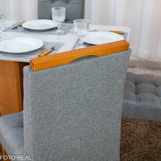 Mesa de Jantar Moscou 120x80 Vidro Off/Base Cinamomo + 4 Cad. Londres Linho Cinza Madeira Minas Plac - Entregue Montada