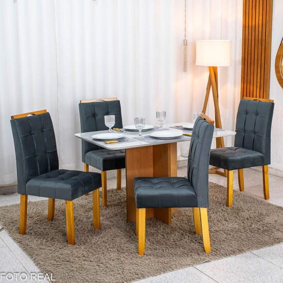 Mesa de Jantar Moscou 120x80 Vidro Off/Base Cinamomo + 4 Cad. Londres Veludo Chumbo Madeira Minas Plac - Entregue Montada