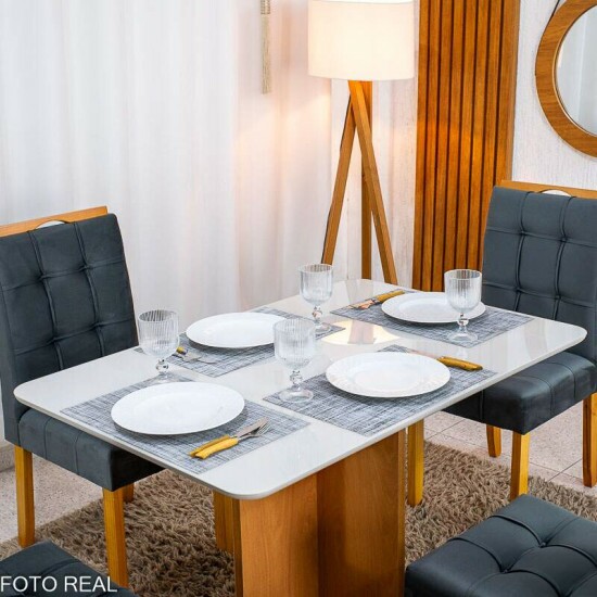 Mesa de Jantar Moscou 120x80 Vidro Off/Base Cinamomo + 4 Cad. Londres Veludo Chumbo Madeira Minas Plac - Entregue Montada