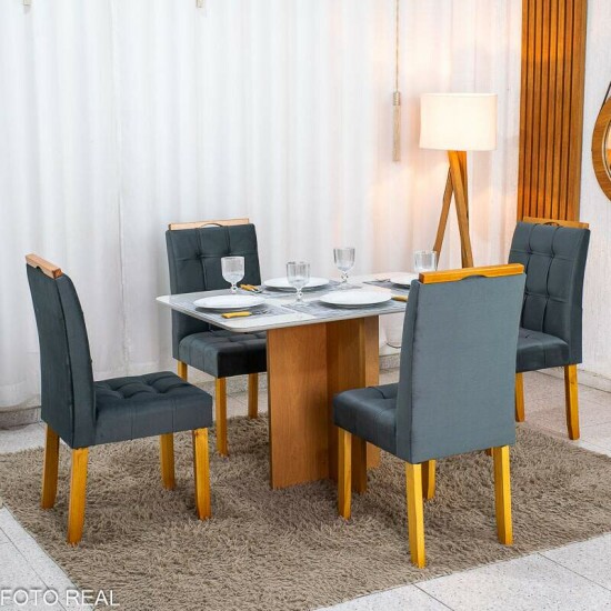 Mesa de Jantar Moscou 120x80 Vidro Off/Base Cinamomo + 4 Cad. Londres Veludo Chumbo Madeira Minas Plac - Entregue Montada