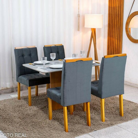 Mesa de Jantar Moscou 120x80 Vidro Off/Base Cinamomo + 4 Cad. Londres Veludo Chumbo Madeira Minas Plac - Entregue Montada