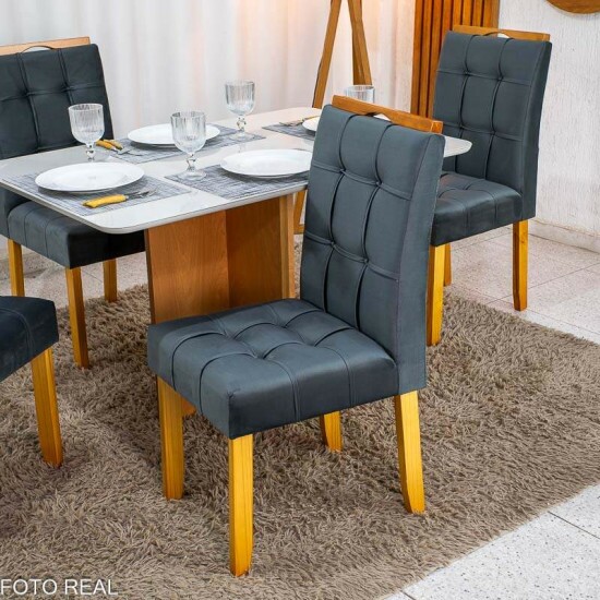 Mesa de Jantar Moscou 120x80 Vidro Off/Base Cinamomo + 4 Cad. Londres Veludo Chumbo Madeira Minas Plac - Entregue Montada