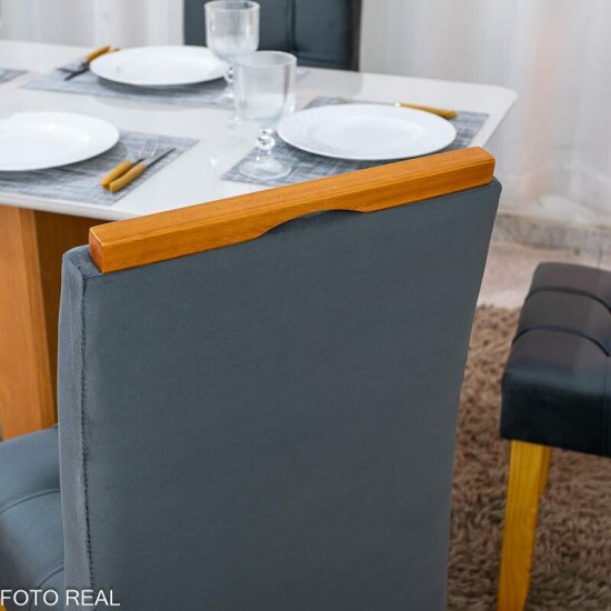 Mesa de Jantar Moscou 120x80 Vidro Off/Base Cinamomo + 4 Cad. Londres Veludo Chumbo Madeira Minas Plac - Entregue Montada