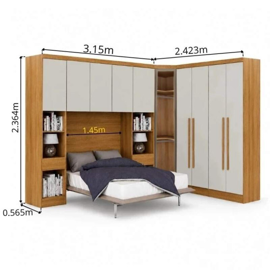 Modulado Cumaru/Fendi Fosco 1 Guarda-Roupa Rizon New 4 Pts + 2 Criado Rizon + 1 Canto Obl�quo Rizon C/Porta de Vidro + 1 A�reo 3 portas Rizon - Novo Horizonte