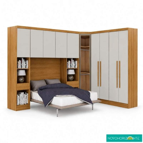 Modulado Cumaru/Fendi Fosco 1 Guarda-Roupa Rizon New 4 Pts + 2 Criado Rizon + 1 Canto Obl�quo Rizon C/Porta de Vidro + 1 A�reo 3 portas Rizon - Novo Horizonte