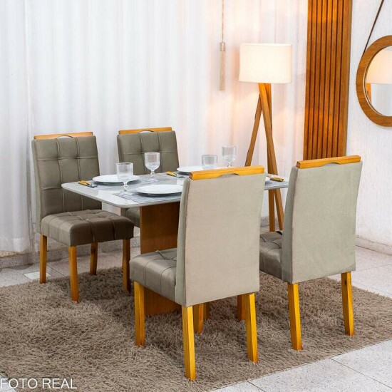 Mesa de Jantar Moscou 120x80 Vidro Off/Base Cinamomo + 4 Cad. Londres Veludo Avel� Madeira Maci�a Minas Plac - Entregue Montada