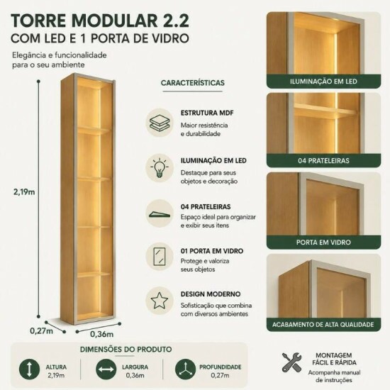 Torre Modular 2.2 Larg. 0.36m Nature C/LED 1 Porta em Vidro - JB Bechara
