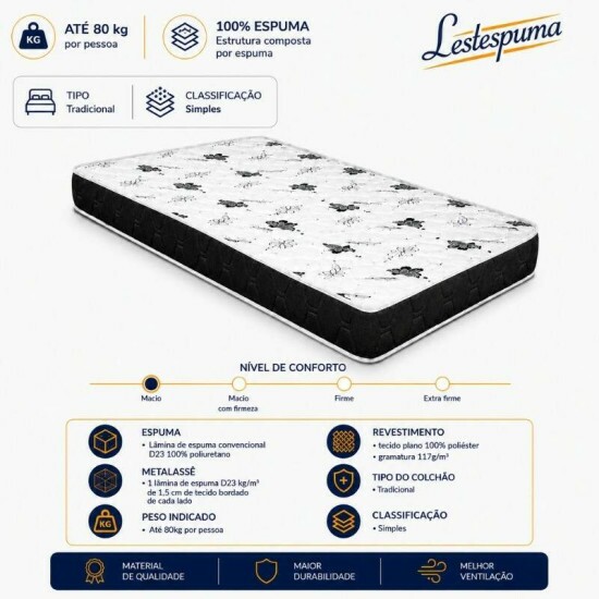 Colch�o Solteiro D23 100% Espuma 88x188x14 Lestespuma | Suporta at� 80kg