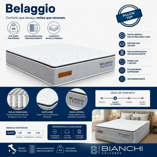 Colch�o Queen Belaggio 158x198x32 Molas Ensacadas - Bianchi | Suporta at� 400kg