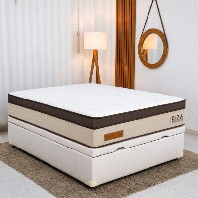 Colch�o Casal Ibiza Molas Ensacadas - Bianchi + Base Box Ba� Casal Prime Confort Linh�o Palha Blindado - Issacar 138x188x78 | Suporta at� 400kg