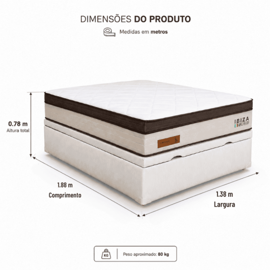 Colch�o Casal Ibiza Molas Ensacadas - Bianchi + Base Box Ba� Casal Prime Confort Linh�o Palha Blindado - Issacar 138x188x78 | Suporta at� 400kg