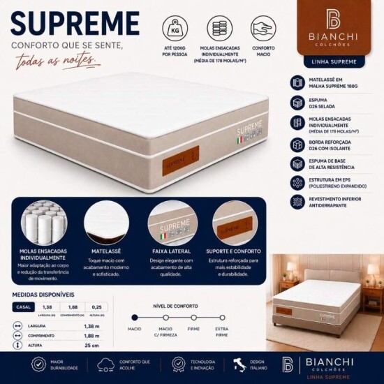 Colch�o Casal Supreme 138x188x25 Molas Ensacadas - Bianchi | Suporta at� 240kg