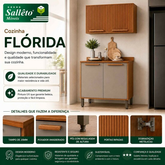 Balc�o Larg. 0.80m Cozinha Fl�rida Cinamomo/Off + A�reo 2 Portas Ripado Larg. 0.80m Cozinha Florida Cinamomo - Sall�to