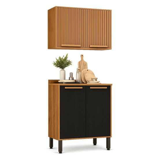 Balc�o Larg. 0.80m Cozinha Fl�rida Cinamomo/Preto + A�reo 2 Portas Ripado Larg. 0.80m Cozinha Florida Cinamomo - Sall�to