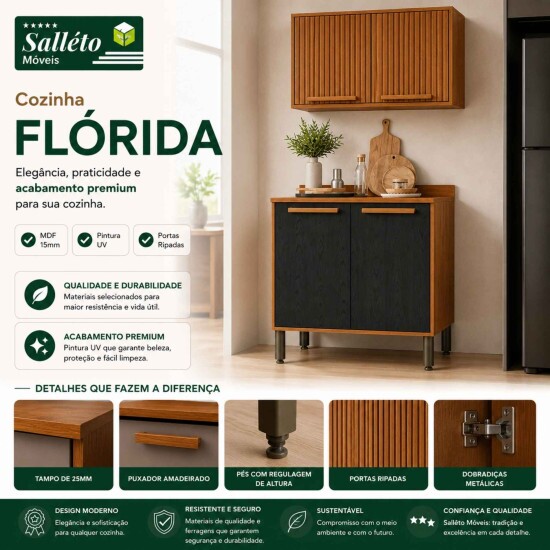 Balc�o Larg. 0.80m Cozinha Fl�rida Cinamomo/Preto + A�reo 2 Portas Ripado Larg. 0.80m Cozinha Florida Cinamomo - Sall�to