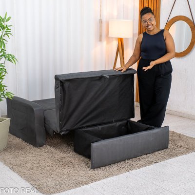 Sof� Cama Daiane Veludinho Chumbo 250 com Ba� - 1,40m