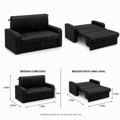 Sof� Cama Daiane Larg. 1.40m C/Ba� Veludinho Preto 379/451