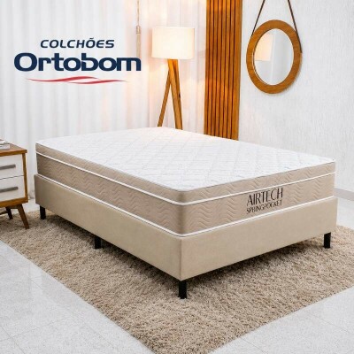 Colch�o Casal Airtech Springpocket Molas Ensacadas - Ortobom + Box Casal Sued Bege - Ortobel 138x188x62 | Suporta at� 240kg