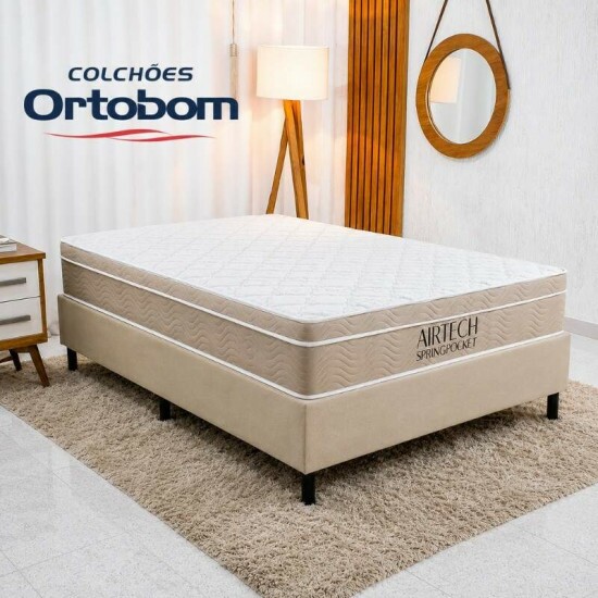 Colch�o Casal Airtech Springpocket Molas Ensacadas - Ortobom + Box Casal Sued Bege - Ortobel 138x188x62 | Suporta at� 240kg