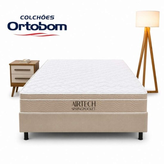 Colch�o Casal Airtech Springpocket Molas Ensacadas - Ortobom + Box Casal Sued Bege - Ortobel 138x188x62 | Suporta at� 240kg