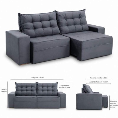 Sof� Retr�til Reclin�vel Vit�ria 2.30m Veludo Cinza 814