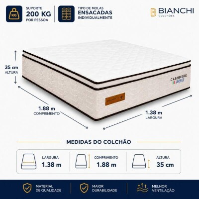 Colch�o Casal Cashmere Prime 138x188x35 Molas Ensacadas - Bianchi | Suporta at� 400kg
