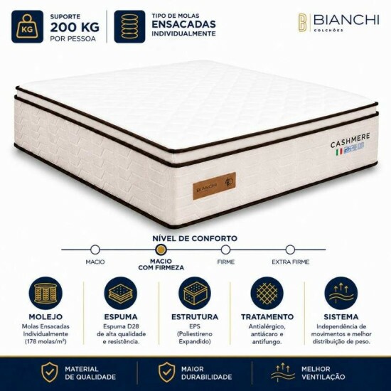 Colch�o Queen Cashmere Prime 158x198x35 Molas Ensacadas - Bianchi | Suporta at� 400kg