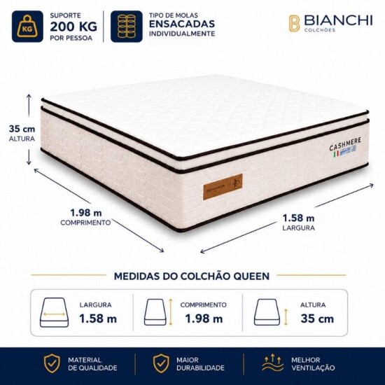 Colch�o Queen Cashmere Prime 158x198x35 Molas Ensacadas - Bianchi | Suporta at� 400kg