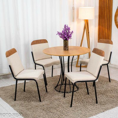 Conjunto Mesa Malta Redonda 90x90 Naturale Base �nix Preto Fosco + 4 Cadeiras Malta Bege - Tubo Minas